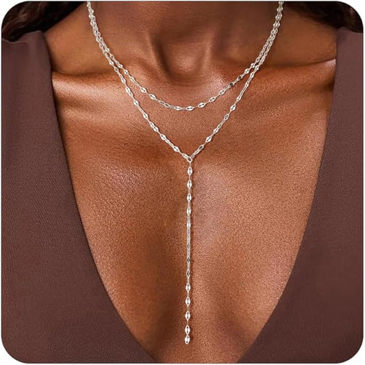 Lariat Necklace for Women, Dainty 14K Gold/Silver Plated Long Necklaces for Women Trendy Simple Layered Y-Shaped Drop Pendant Necklace Adjustable Gold Jewelry Gifts For Her Christmas Stocking Stuffer