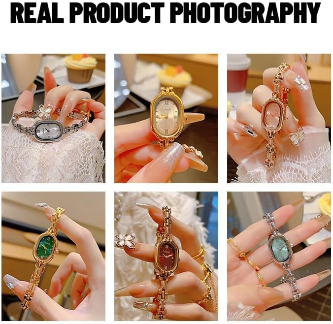 Women's Vintage Oval Watches Luxury Minimalism Bracelet Small Gold Tone Watch Ladies Analog Waterproof Watch Fashion Bangle Bracelet Dress Watch with Stainless Steel Band