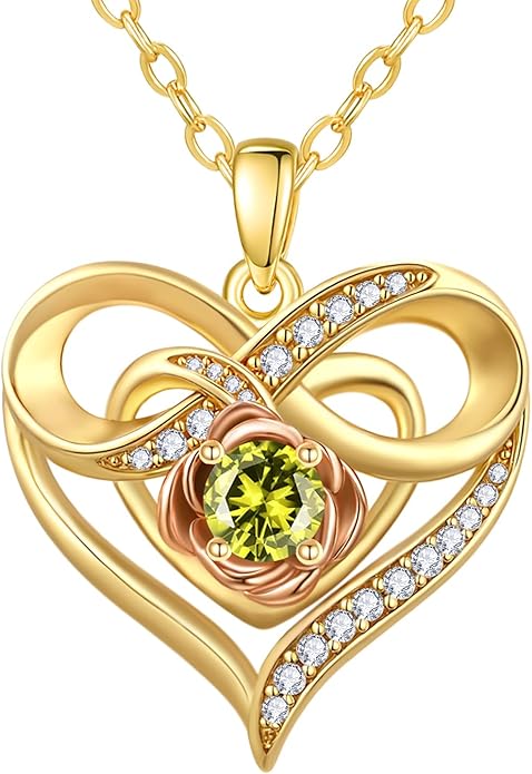 Infinite Heart Birthstone Necklaces for Women Gold Plated Pendant Wedding Anniversary Birthday Gift for Wife Her Mom Grandma Daughter Jewelry with Round Birthstone