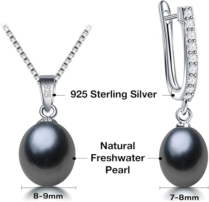Pearl Jewelry Set For Women Pearl Pendant Necklace & Pearl Earrings with Sparkling Rhinestones 925 Sterling Silver Freshwater Pearl Drop Jewelry Set for Wedding Prom Gift