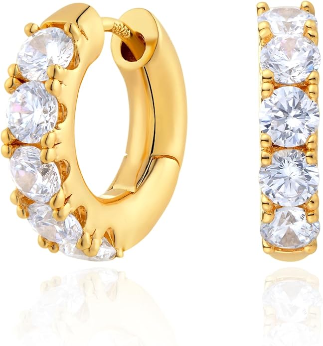 Gold Huggie Hoop Earrings 14K Gold Plated Dainty Chunky Thick Hoop Diamond Cubic Zriconia Inlay Sleeper Tiny Delicate Boho Beach Simple Hypoallergenic Jewelry Gift for Her