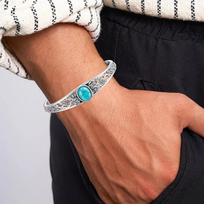 Genuine Turquoise Vintage Rose Bracelet, Sterling Silver Boho Adjustable Bangle Cuff Native American Jewelry for Women, Fit for 6.5 7 7.5 Inches