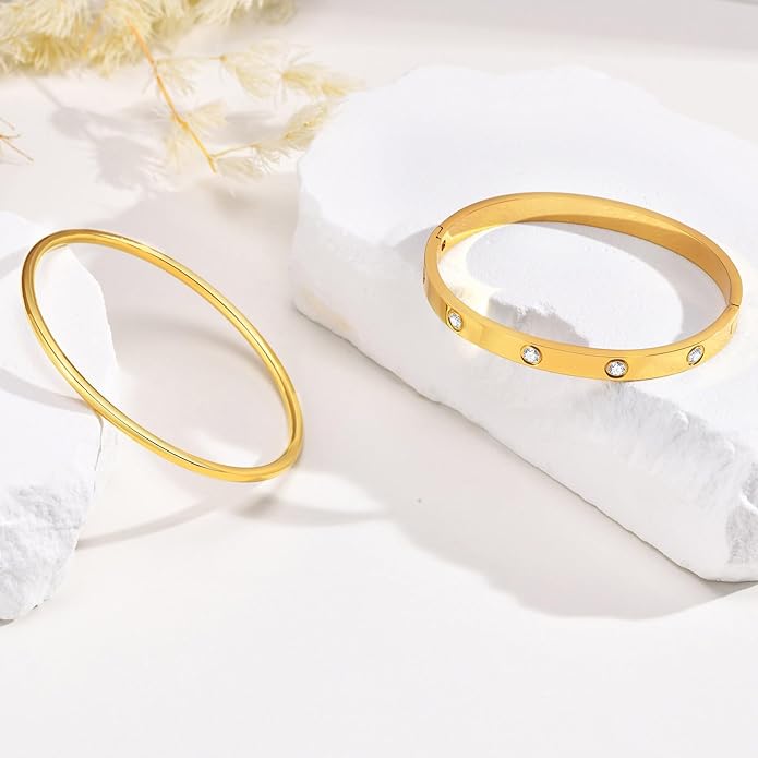 MPRAINBOW Gold Bracelets for Women, 2Pcs 18K Gold Plated Cubic Zirconia Bangle Crystal Friendship Bracelet Jewelry,Wedding Party Christmas Birthday Gifts for Her Girlfriend Sister Daughter