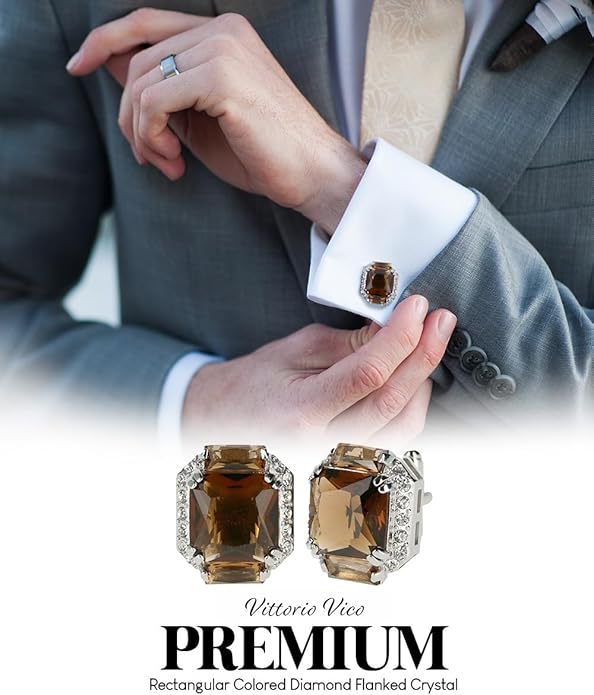 Rectangular Colored Diamond-Flanked Crystal Cuff Links – Tuxedo Suit Accessories, Cufflinks for Men