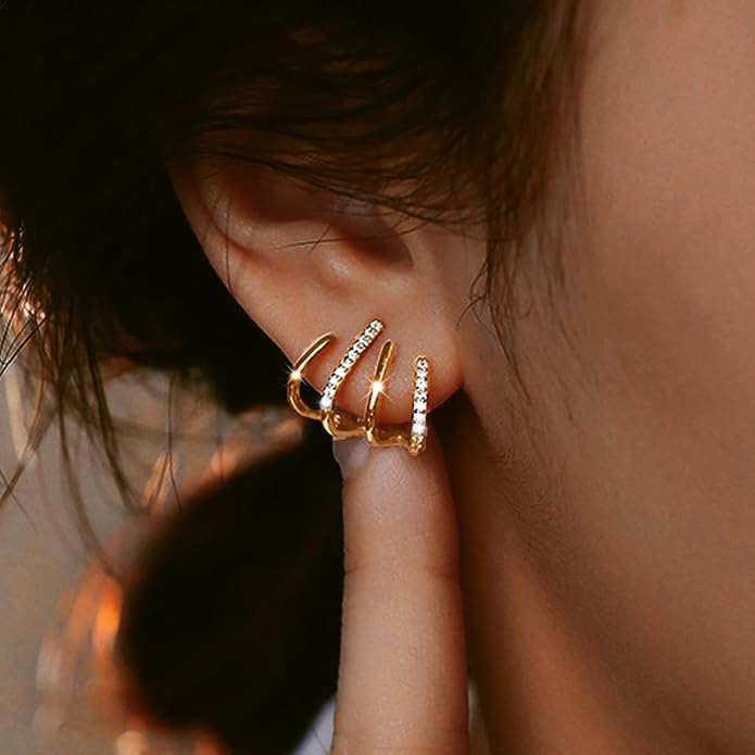 14K Gold Plated Hoop Earrings for Women Triple Huggie Illusion Stud Earring | Double Huggie Hoop Earrings for One Hole | Claw Ear Cuff Earring Jewelry Gift for Women