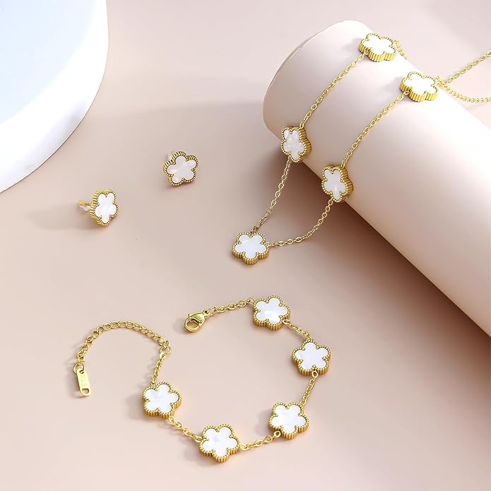 AmorArtSky Lucky Clover Jewelry Set - 18K Gold Plated Flower Design Five Leaf Bracelet, Necklace Pendant, Earrings for Women - Lucky Gifts for Mom, Wife, Daughter, Friends