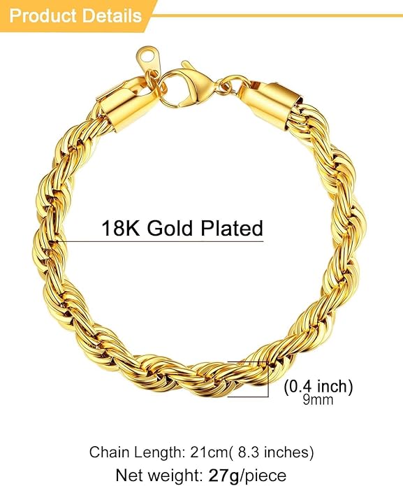 U7 Link Bracelets for Men, Cuban Link/Rope/Watch Band Solid Bracelet, Silver Black Gold Color Wrist Bracelet 3/6/9/12/15mm Width, 6.5/7.5/8.3 Inch Length, Hand Chain Jewelry for Mens Women