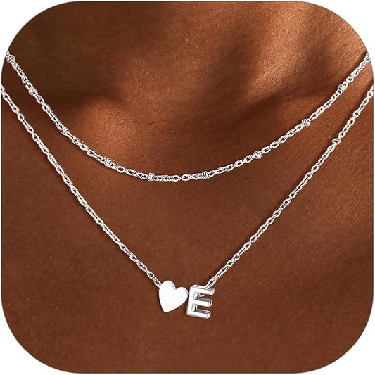 FOCALOOK Layered Initial Necklace for Women, 14K Gold Plated Choker Necklaces Stacks with Initial A-Z, Dainty Silver Heart Pendant Necklace Personalized Birthday Women Jewelry