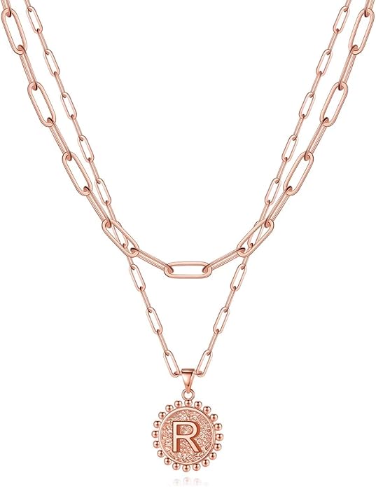 Yoosteel Gold Initial Necklaces for Women, 14K Gold Plated Dainty Layering Paperclip Link Chain Necklace Coin Initial Layered Necklaces for Women Personalized Birthday Gifts
