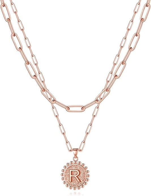 Yoosteel Gold Initial Necklaces for Women, 14K Gold Plated Dainty Layering Paperclip Link Chain Necklace Coin Initial Layered Necklaces for Women Personalized Birthday Gifts