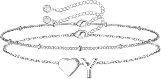 M MOOHAM Christmas Gifts for Grandkids Teens Girls -14K-Gold-Plated Heart Initial Bracelets for Women Girl Dainty Gold Bracelets Birthday Gift Stocking Stuffers for Women Teenage Girls Kids Gifts