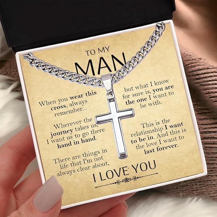 SUTERY Cross Cuban Chain Necklace - Promise Necklace for Him, Necklace for Boyfriend, Mens Necklace for Fiance, Valentine's Day