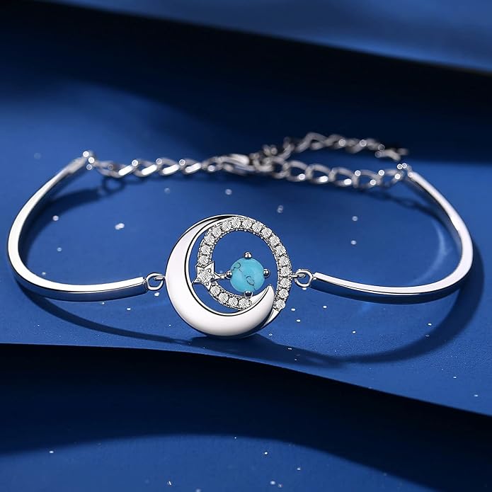 FANCIME Birthstone Bracelets 925 Sterling Silver Moon and Star Bangle Charm Bracelet Fine Jewelry Birthday Anniversary Christmas Day Gift for Her Women, Adjustable Chain 6.7"+1.2" Extend
