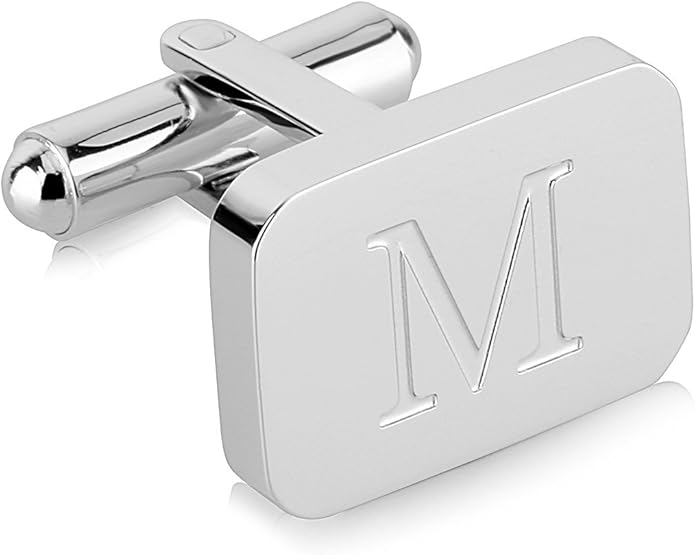 18K White-Gold Plated Initial Engraved Stainless Steel Men’s Cufflinks With Gift Box -Personalized Alphabet Letter’s A-Z By Lux & Pair