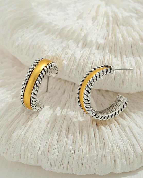 MYCUTEY Chunky Two Tone Hoop Earrings for Women Antique Gold And Silver Plated Twisted Open Hoops Hypoallergenic Statement Earrings Mixed Metal Jewelry Gift For Everyday Wear
