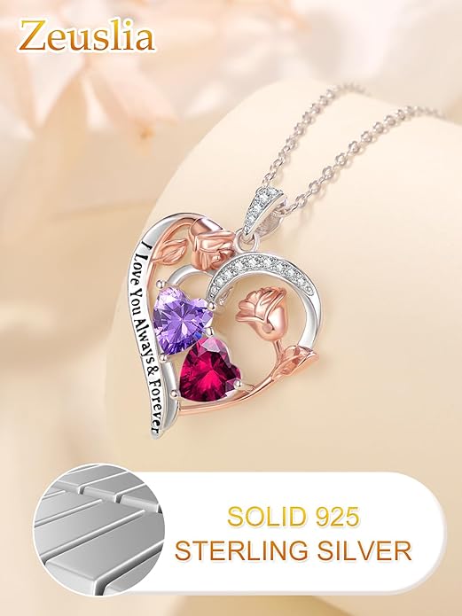 Zeuslia Double Birthstone Necklace Gifts for Wife - 925 Sterling Silver Sunflower/Rose/Crown Cross/Compass/Heart Pendant I Love You Necklace, Anniversary Birthday Gifts for Wife Girlfriend Mom Her
