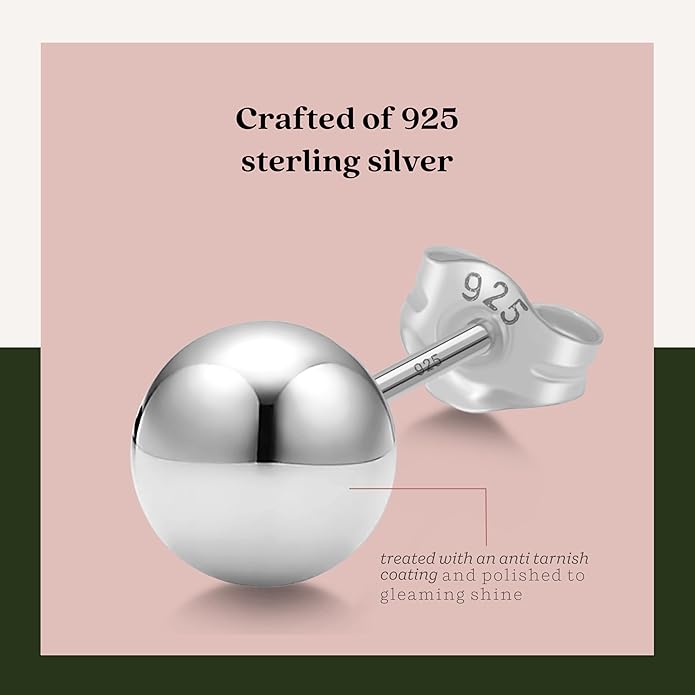 KEZEF Sterling Silver Ball Stud Earrings Hypoallergenic Earrings for Women | Available in Sterling Silver, Rose Gold, or 14K Gold Plated Silver (2mm-10mm)