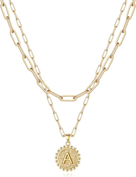 Yoosteel Gold Initial Necklaces for Women, 14K Gold Plated Dainty Layering Paperclip Link Chain Necklace Coin Initial Layered Necklaces for Women Personalized Birthday Gifts