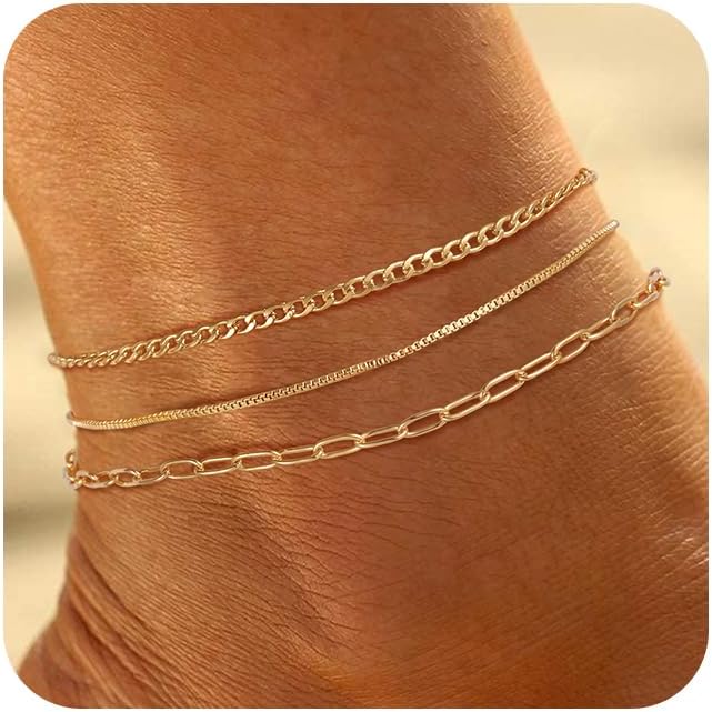 Ritach Ankle Bracelets for Women - Silver/Gold Plated Stainless Steel Anklets for Women Waterproof Layered Cuban Link Figaro Chain Heart Anklets Set Summer Beach Jewelry Gifts
