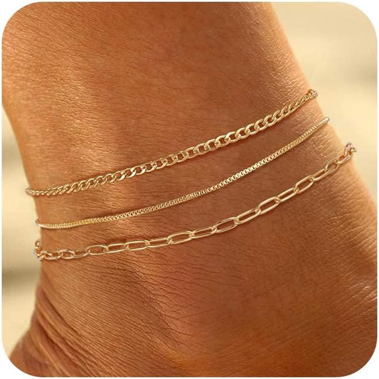 Ritach Ankle Bracelets for Women - Silver/Gold Plated Stainless Steel Anklets for Women Waterproof Layered Cuban Link Figaro Chain Heart Anklets Set Summer Beach Jewelry Gifts