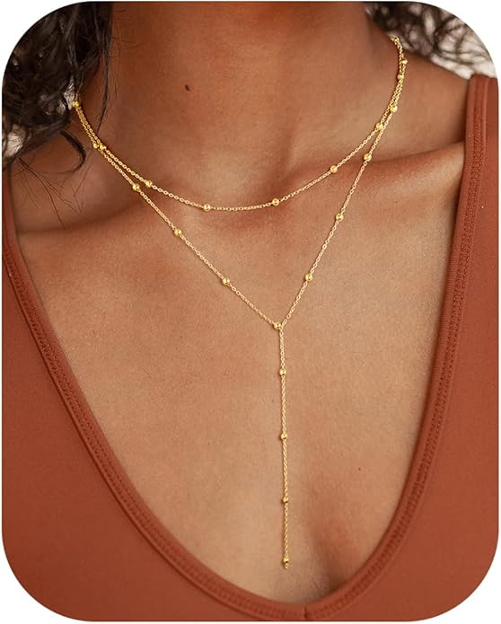 M MOOHAM Gold Lariat Necklace for Women - Dainty 14K Gold Plated Y-Shaped Long Drop Necklace Pearl Cross Clover Butterfly Cubic Zirconia Charm Layered Necklaces for Women Simple Jewelry Gifts