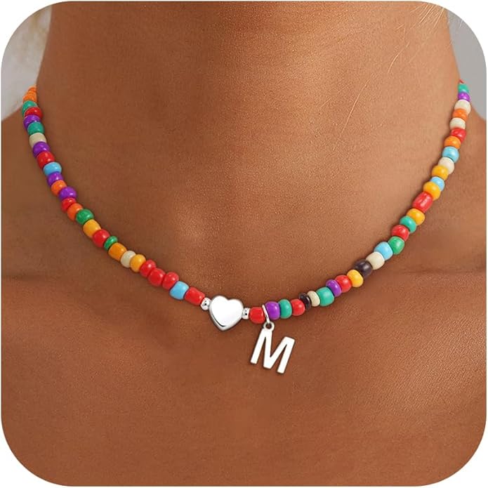 Colorful Initial Necklaces for Girls Women Kids - Teen Girls Gifts Trendy Stuff Beaded Initial Necklace Dainty Letter Choker Necklace for Girl Gifts Jewelry