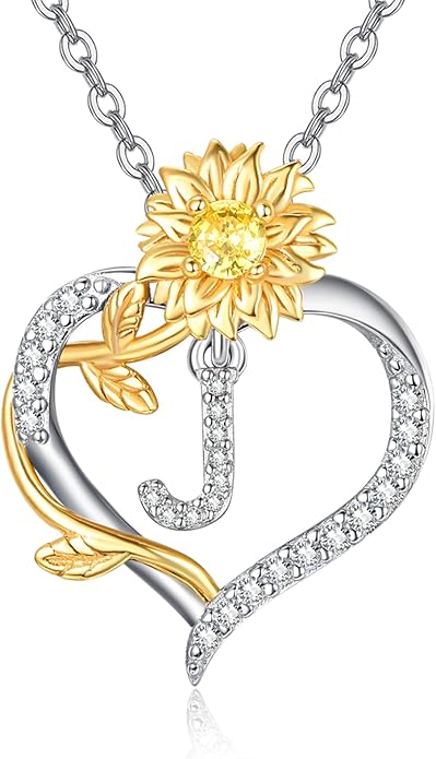 AENEAS Sunflower Initial Necklace for Women Gold Plated Sterling Silver Letter Heart Pendant Jewelry Gift for Mom Wife Birthday Anniversary Christmas
