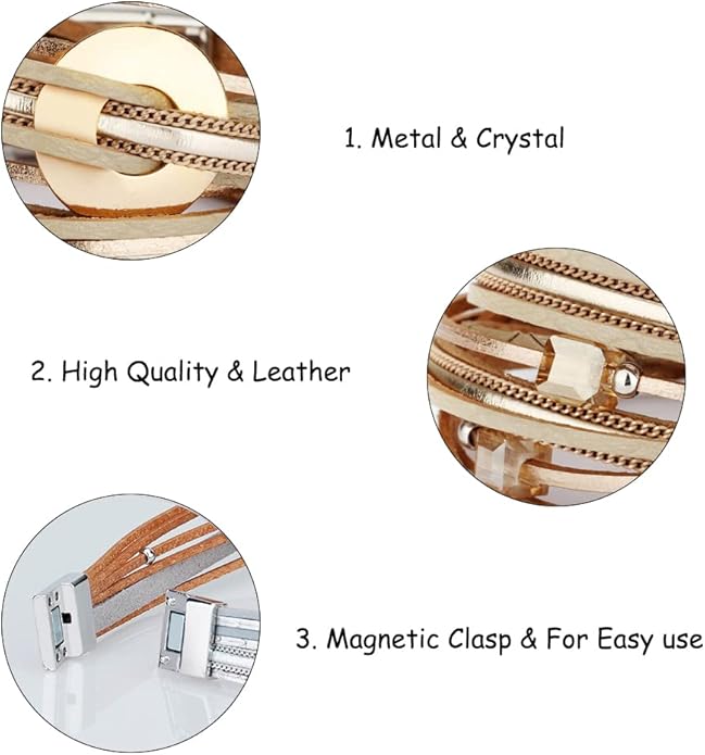 Fesciory Leather Wrap Bracelets for Women, Boho Leopard Multi-Layer Crystal Beads Cuff Bracelet Jewelry