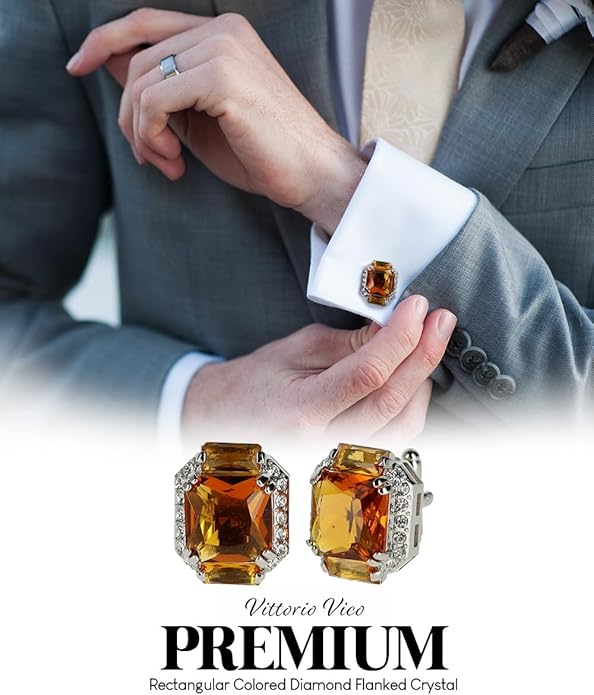 Rectangular Colored Diamond-Flanked Crystal Cuff Links – Tuxedo Suit Accessories, Cufflinks for Men