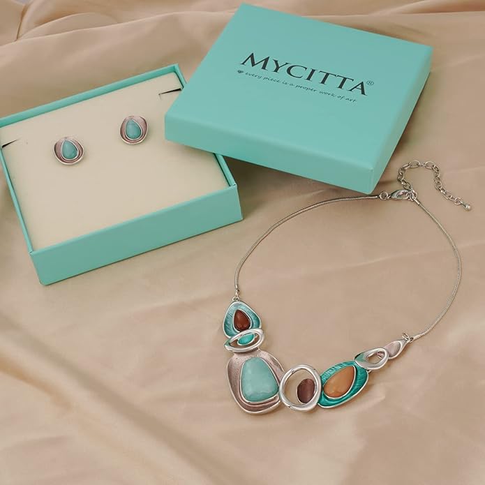 Vintage Chunky Statement Jewelry Set Retro Leaf Floral Geometric Bohemian Boho Bib Necklace Earring Set Fashion Costume Jewelry for Women Girls Wedding Party Prom Unique Gift