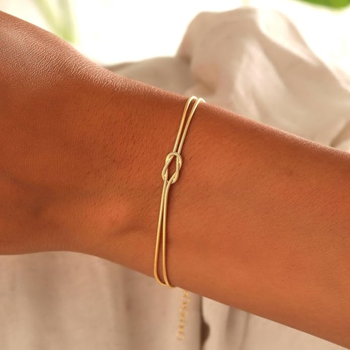 Matching Bracelets for Couples，Dainty Gold Love Knot Bracelet 14K Gold Plated Herringbone Chain Bracelet Relationship Jewelry Gifts for Best Friend