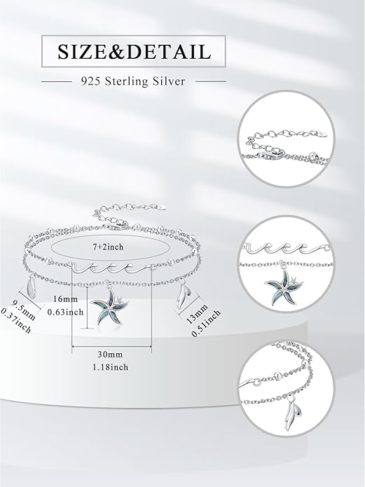 Sea Turtle/Dolphin/Starfish/Seashell/Compass Bracelet for Women 925 Sterling Silver Ocean Wave Anklet Summer Hawaiian Jewelry Gift for Her