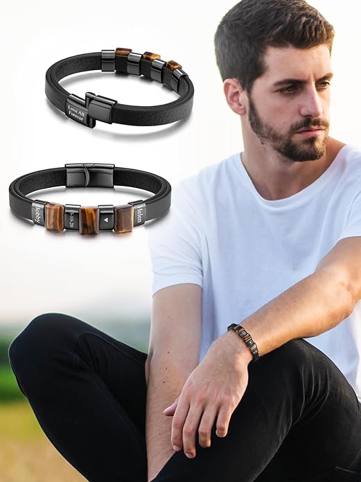 Leather Beads Bracelet Personalized Custom Bracelets for Men Leather Engraved Tiger Eye Initial Beacelet Gift for Husband Dad Mens Jewelry Gifts Valentines Christmas Birthday Fathers Day
