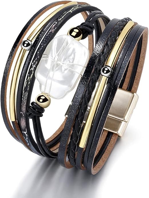 Fesciory Leopard Bracelet for Women, Boho Leather Wrap Multi-Layer Pearl Crystal Bracelet Bangle Jewelry