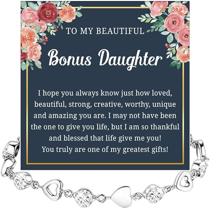 To My Bonus Daughter Heart Bracelet Gift, Beautiful Bonus Daughter Jewelry From Step Mom Dad With Message Card and Box Meaning, Christmas Graduation Birthday Gifts, To My Stepdaughter Bracelet