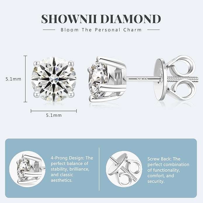 SHOWNII Diamond 4-Prong Lab-Grown Diamond Stud Earrings for Women 0.5CT 1CT 14K Gold Plated S925 Sterling Silver Screw Back Earrings(I-J Color, S1-VS2 Clarity)