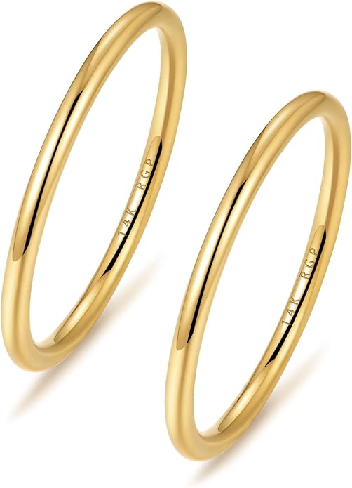 NOKMIT 1mm 14K Gold Filled Rings for Women Girls Thin Gold Ring Dainty Cute Stacking Stackable Thumb Pinky Band Non Tarnish Comfort Fit Size 4 to 11 1PC/2PCS/3PCS