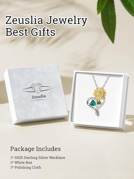 Zeuslia Double Birthstone Necklace Gifts for Wife - 925 Sterling Silver Sunflower/Rose/Crown Cross/Compass/Heart Pendant I Love You Necklace, Anniversary Birthday Gifts for Wife Girlfriend Mom Her