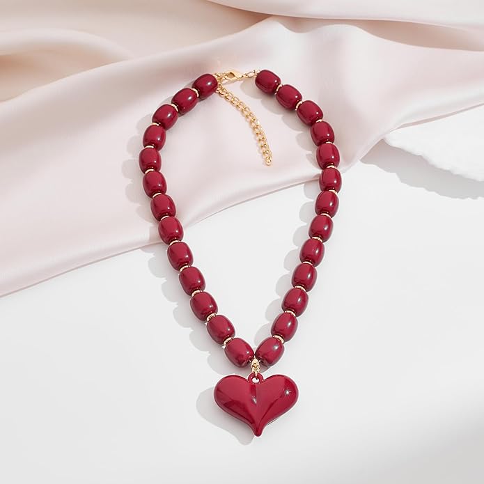 YUJIE Chunky Heart Penadnt Necklace for Women- Exaggerated Statement Puff Heart Necklace with Acrylic Beaded Chain