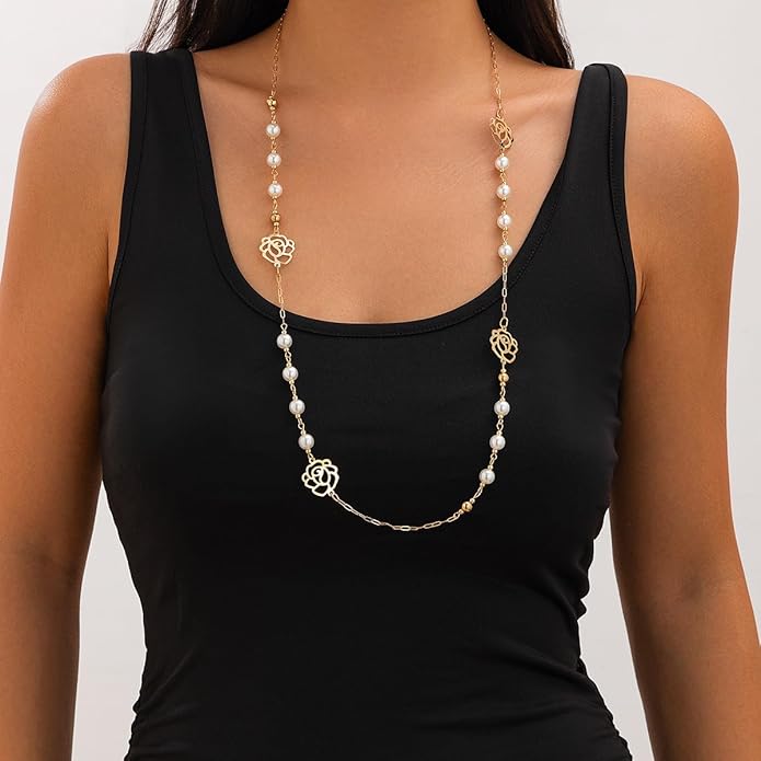 Long Pearl Necklaces for Women Pearl Long Chain Necklace Dainty Gold And Long Pearl Necklaces Layered Pearl Necklace Statement Sweater Strand Chain Jewelry