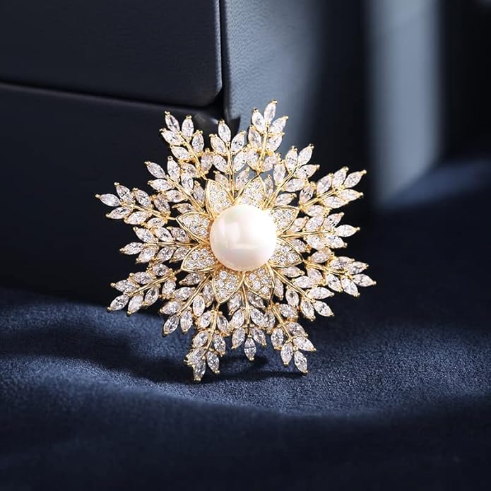 14K Gold Handmade Snowflake Brooch, Adorned with Natural Pearls and Moissanite, Sophisticated Women's Jewelry, Perfect Birthday and Special Occasion Gift
