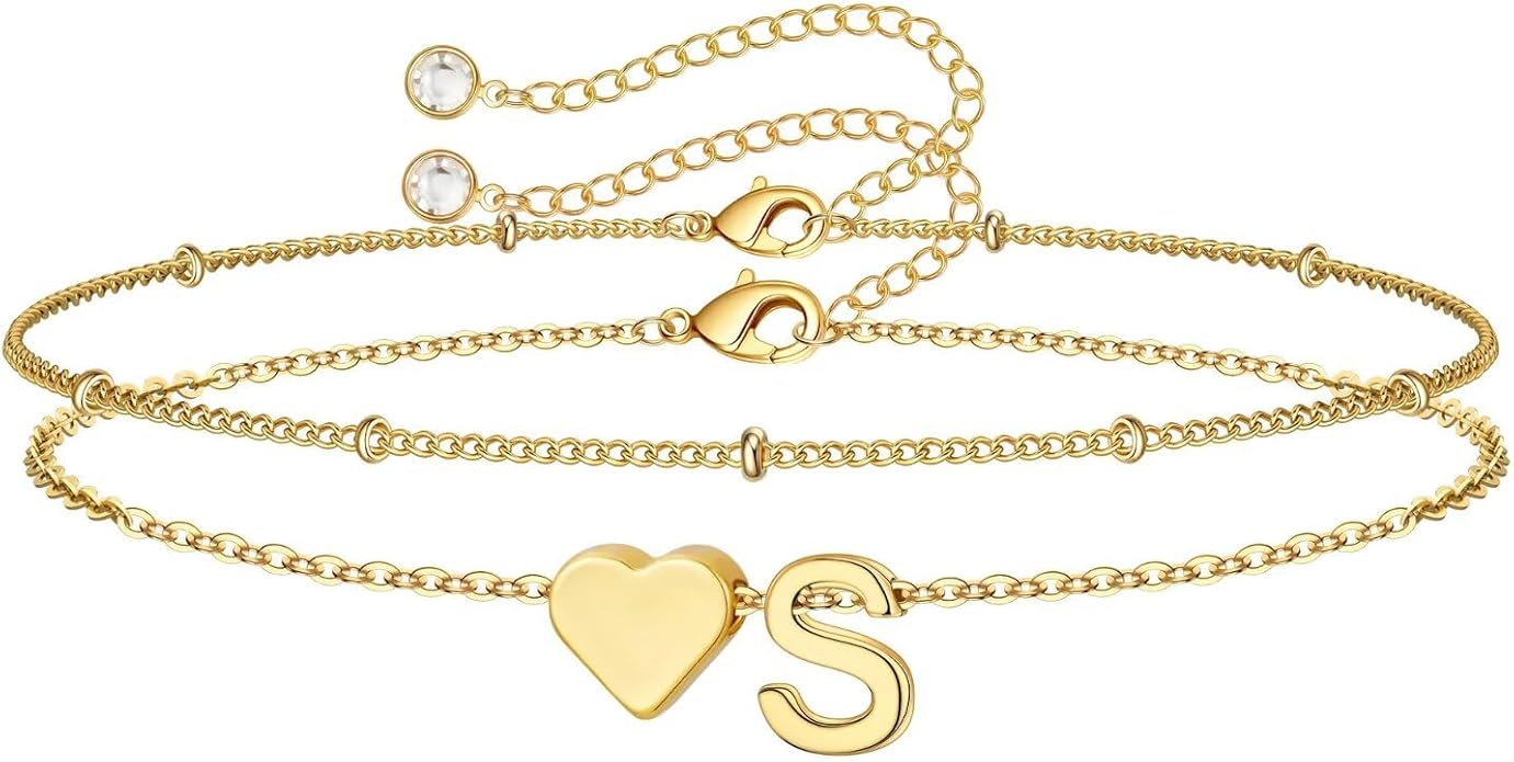 M MOOHAM Christmas Gifts for Grandkids Teens Girls -14K-Gold-Plated Heart Initial Bracelets for Women Girl Dainty Gold Bracelets Birthday Gift Stocking Stuffers for Women Teenage Girls Kids Gifts