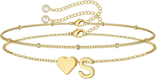 M MOOHAM Christmas Gifts for Grandkids Teens Girls -14K-Gold-Plated Heart Initial Bracelets for Women Girl Dainty Gold Bracelets Birthday Gift Stocking Stuffers for Women Teenage Girls Kids Gifts