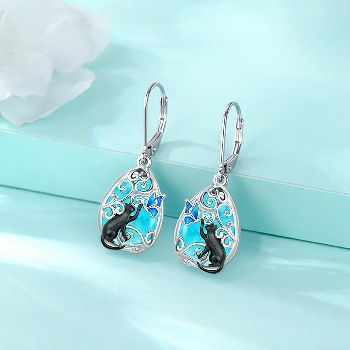 Eusense Sterling Silver Dangle Earrings for Women Tree of Life Animals Moonstone Turquoise Leverback Earrings Jewelry Gifts