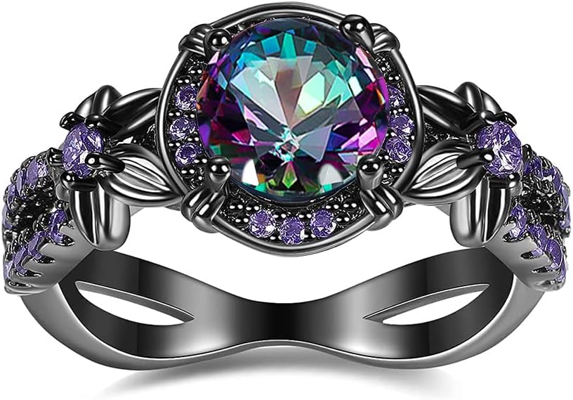 Gothic Black Rings for Women, Mystic Rainbow Topaz with Created Amethyst Flower Goth Black Gold Wedding Engagement Ring Size 6 to 11