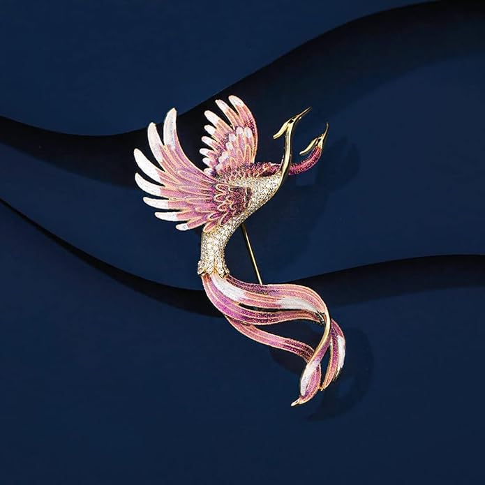 14K Gold Phoenix Brooch with Moissanite and Enamel - Elegant Holiday and Special Event Pin, Ideal Gift for Her, Mythical Bird Design, Women's Luxury Fashion Accessory
