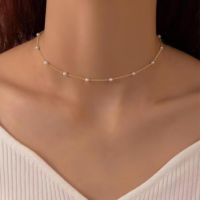 Gold Pearl Necklace for Women, 14K Gold Plated Layered Pearl Necklaces for Women Trendy Simple Herringbone Chain Pearl Necklace for Women Gold Jewelry Gifts