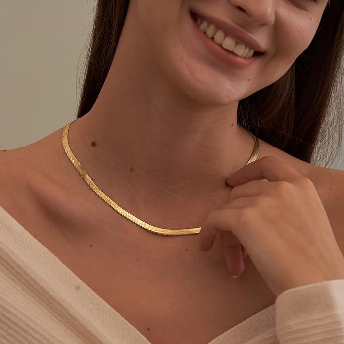 CHESKY Gold Necklace for Women-14K Gold Plated/Sterling Silver Plated Snake Chain Necklace Dainty Simple Chunky Herringbone Necklace Choker Necklaces Jewelry for Women