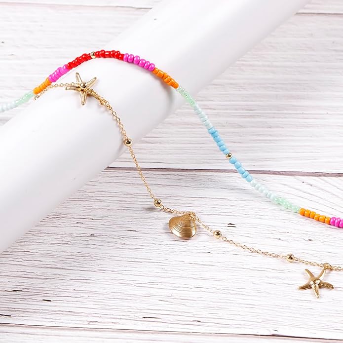 Da Piao Liang Handmade Multilayered Colorful Seed Beads Choker Necklace – Boho Starfish Creative Beach Jewelry for Women – Summer Necklace