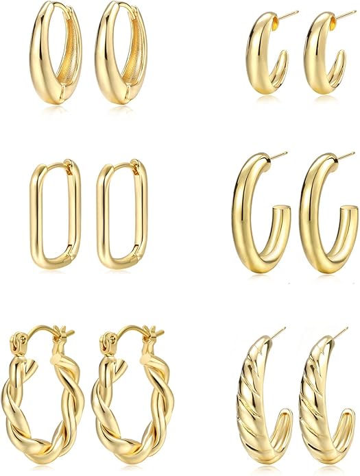 Hoop Earrings Set for Women, 6 Pairs 14K Gold Plated Lightweight Hypoallergenic Chunky Open Twisted Hoops Earrings Pack Jewelry